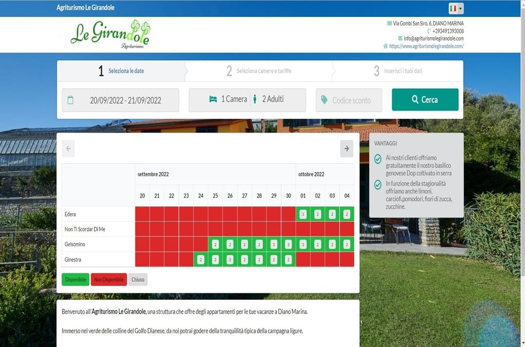La prima pagina del booking engine Agriturismo Le Girandole
